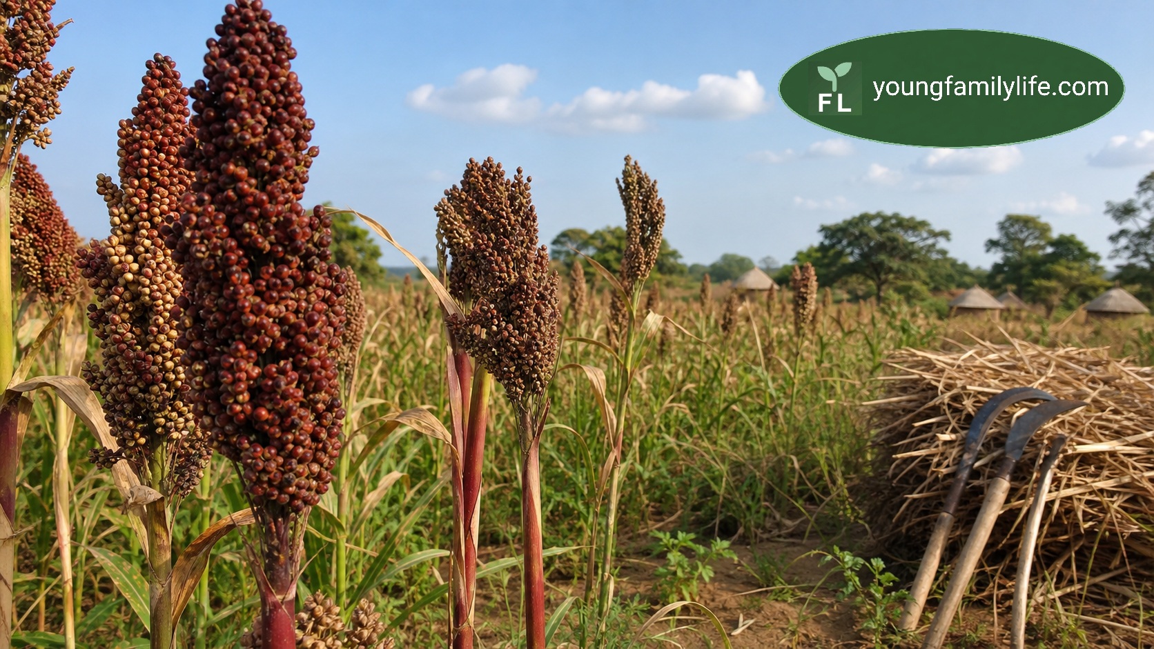 A smallholder farmer tending a native grain crop in sub-Saharan Africa, illustrating traditional agricultural practice.