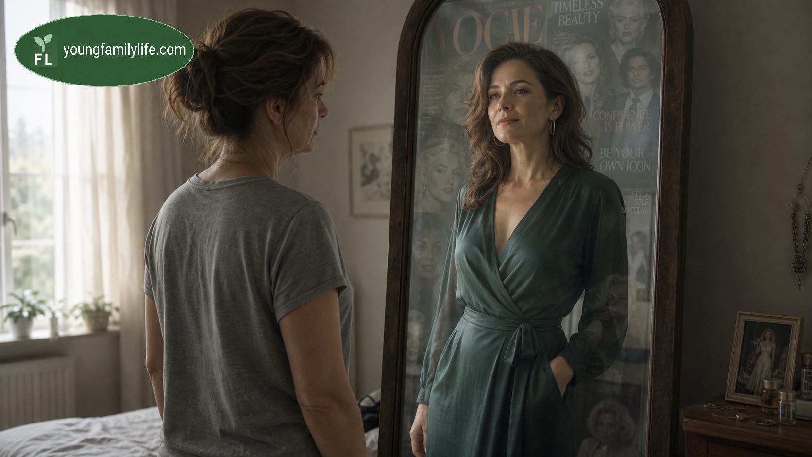 A person standing before a mirror, their reflection subtly different — representing the self reaching toward another identity