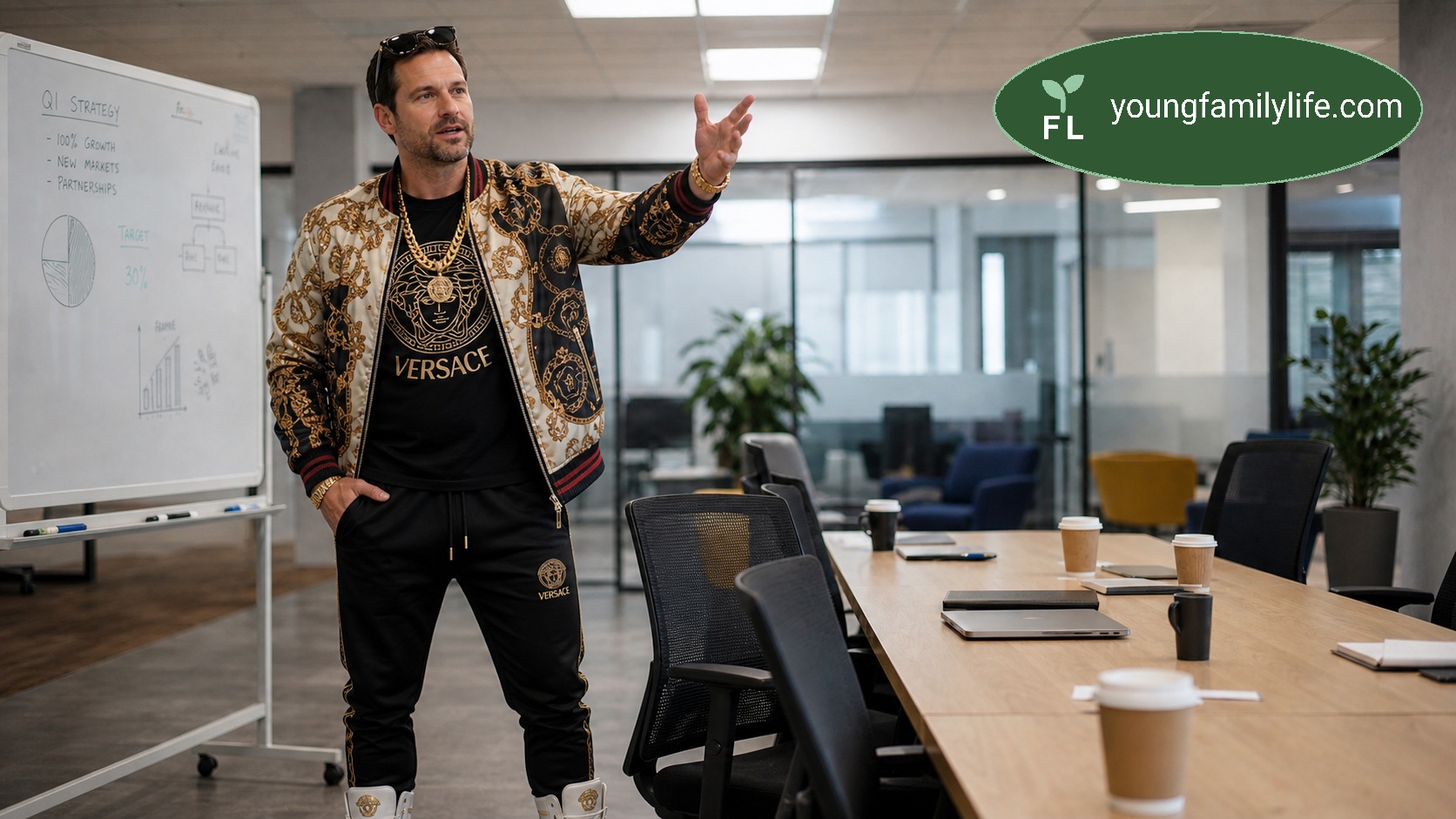 A confident man mid-gesture pitching an idea in an empty office, chairs pushed back and nobody present