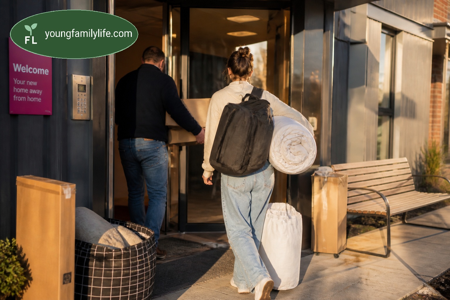 A parent and young adult carrying belongings into university halls of residence on move-in day