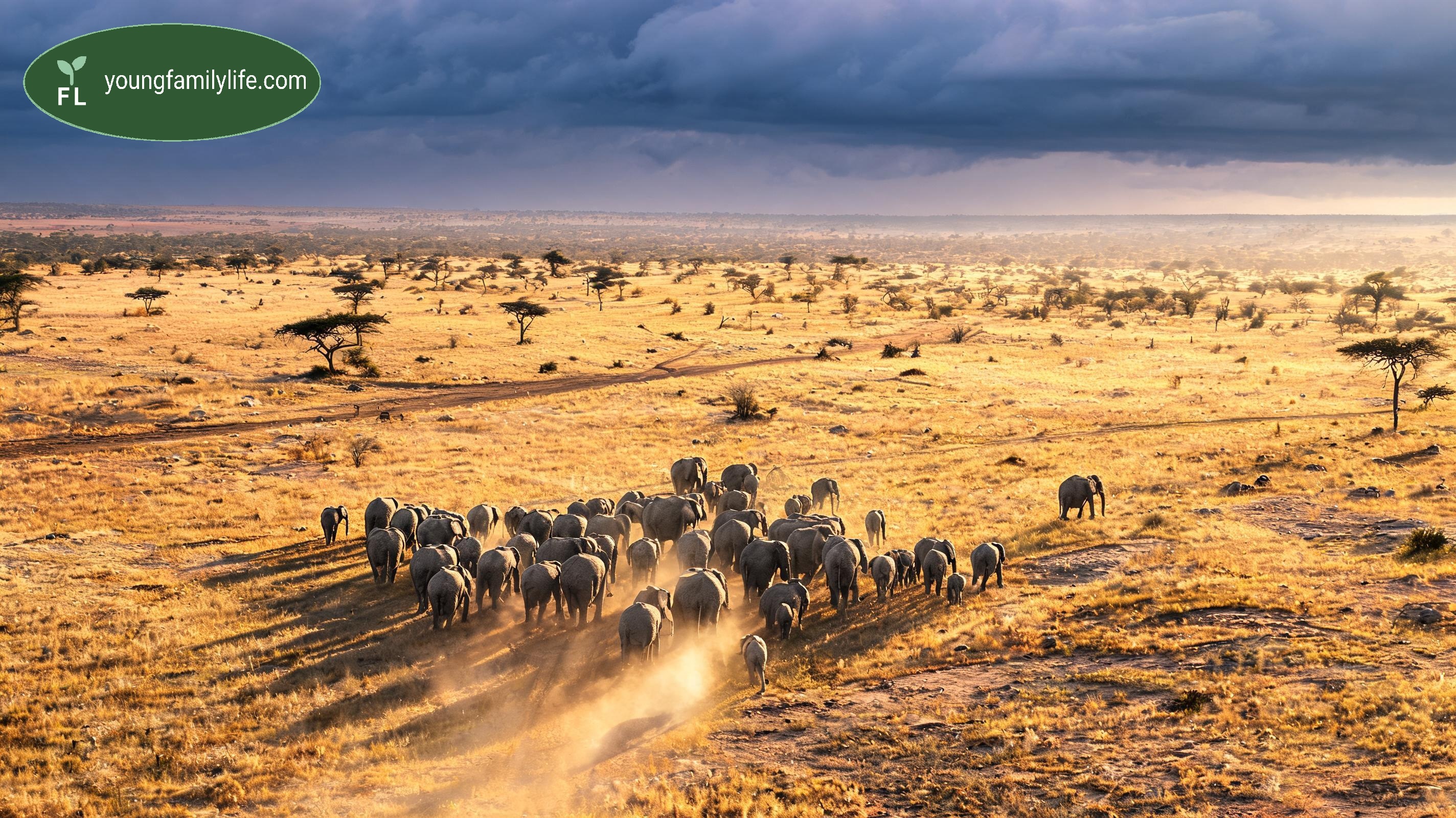 A herd of elephants walking across savanna grassland toward a distant storm on the horizon