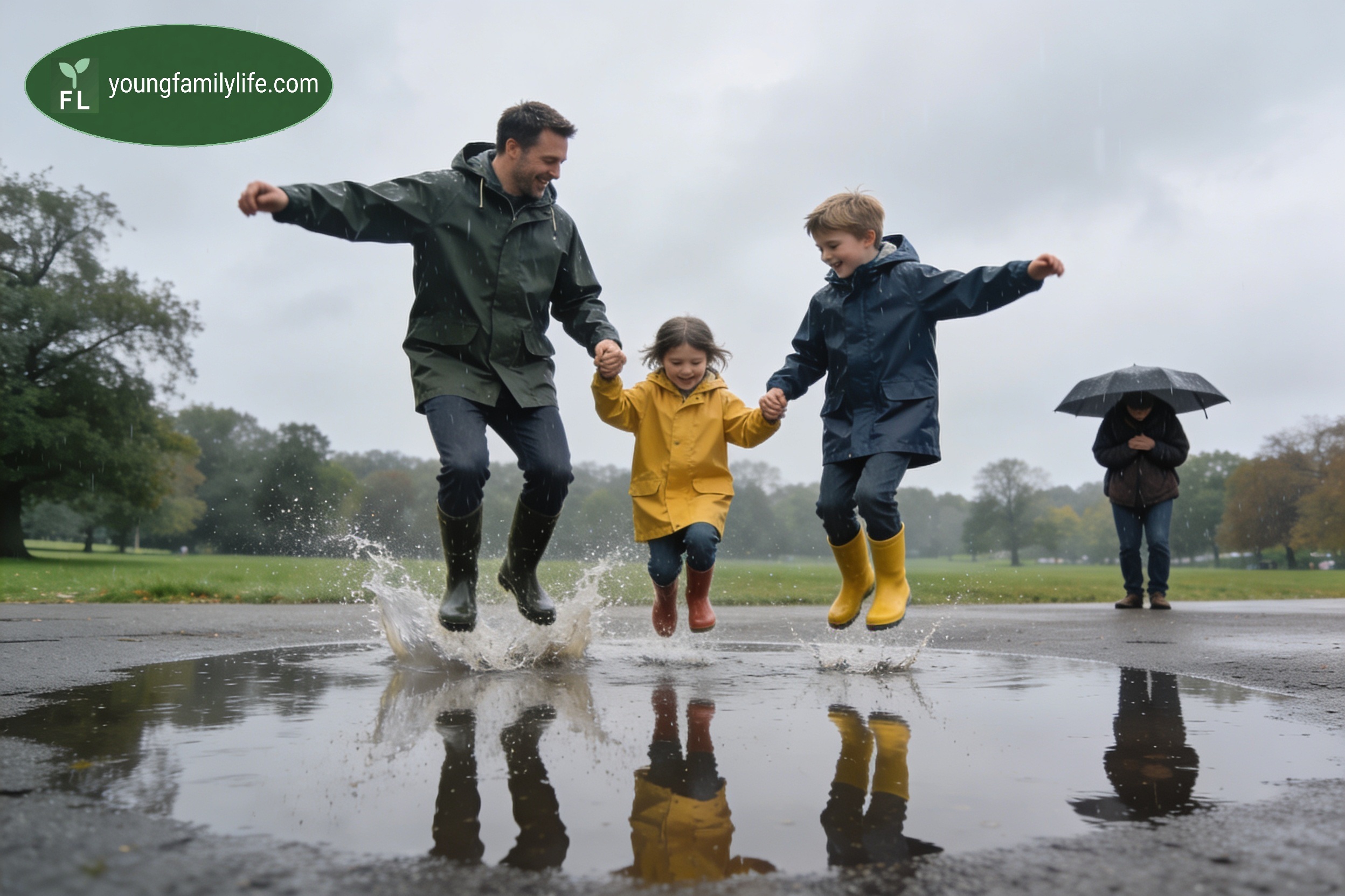 A father and two children jump joyfully in a rain puddle, laughing and holding hands — while a lone figure shelters under an umbrella in the background. The same conditions; two completely different responses.