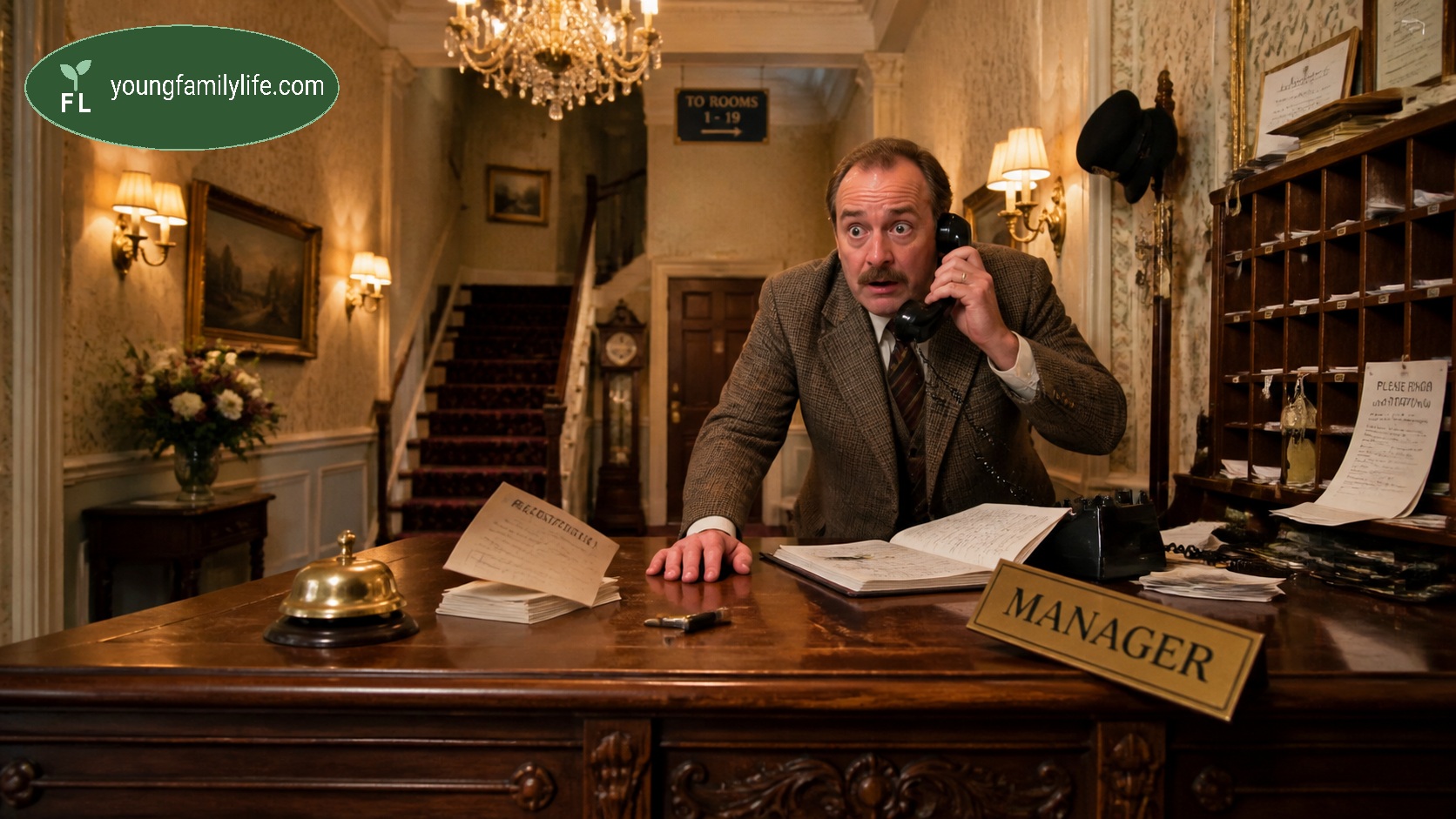 A grand old hotel reception desk with a toppled name plate suggesting a pompous front starting to crack