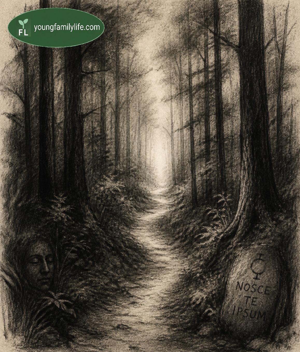 A quiet forest path in diffused light, evoking depth, interiority, and the process of individuation.