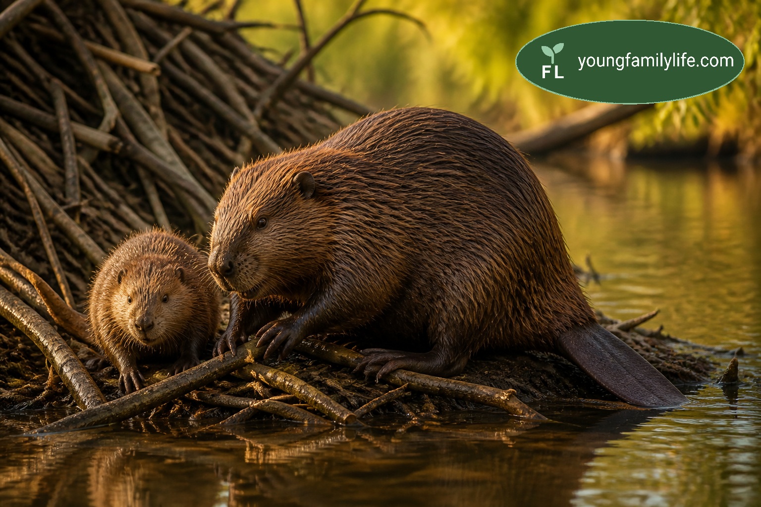 A young beaver kit beside an adult beaver near a lodge.