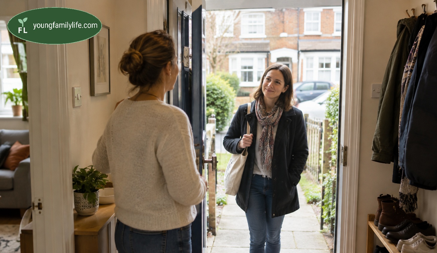 A parent looks anxiously out of a front room window as a visiting professional parks their car and walks up the path to the front door, reflecting that a family's sense of whether things will get better or worse often rests less on a worker's qualification level than on the rapport they build.