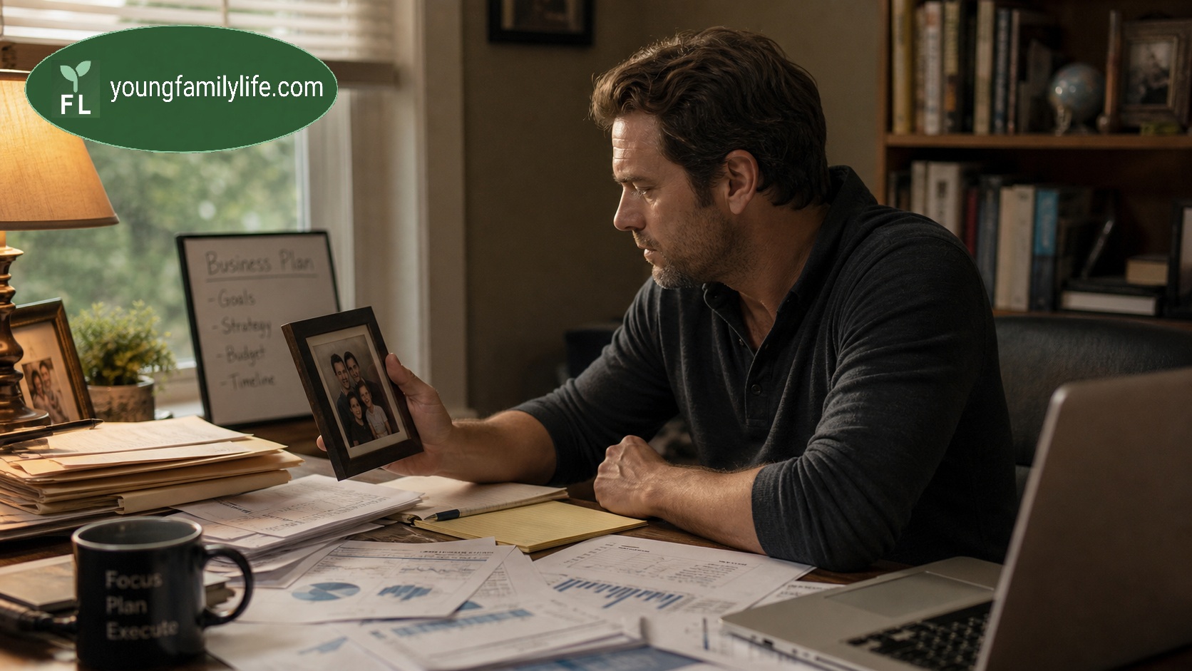 A man sits at a cluttered home desk covered in financial documents and a business plan whiteboard, holding a family photograph in one hand — the people not in the room made visible in the moment of career decision.