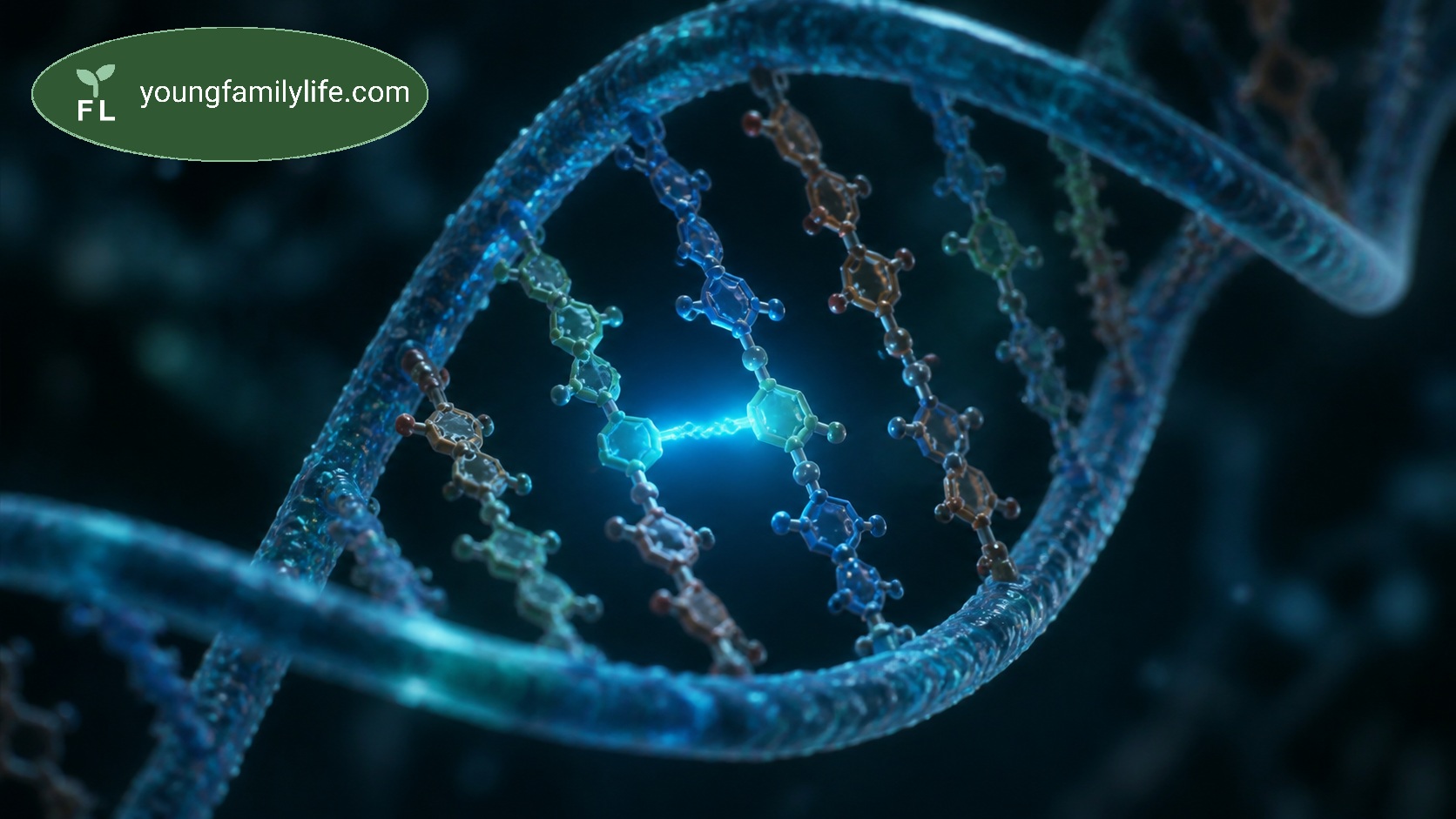 Illustration of a DNA double helix with one hydrogen bond highlighted.