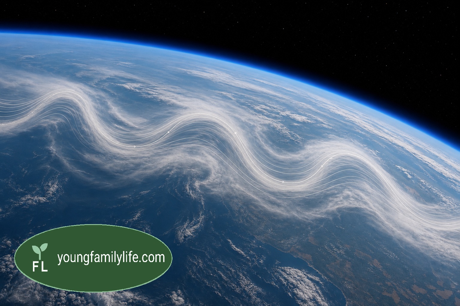 Aerial view of Earth from orbit showing a wave-like meander pattern in cloud cover, resembling a Rossby wave