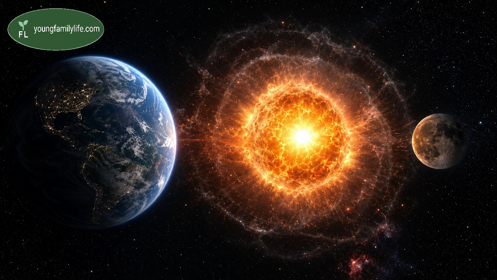Earth and the Moon either side of a bright explosion in space, illustrating the thought experiment of a detonation in the vacuum between them