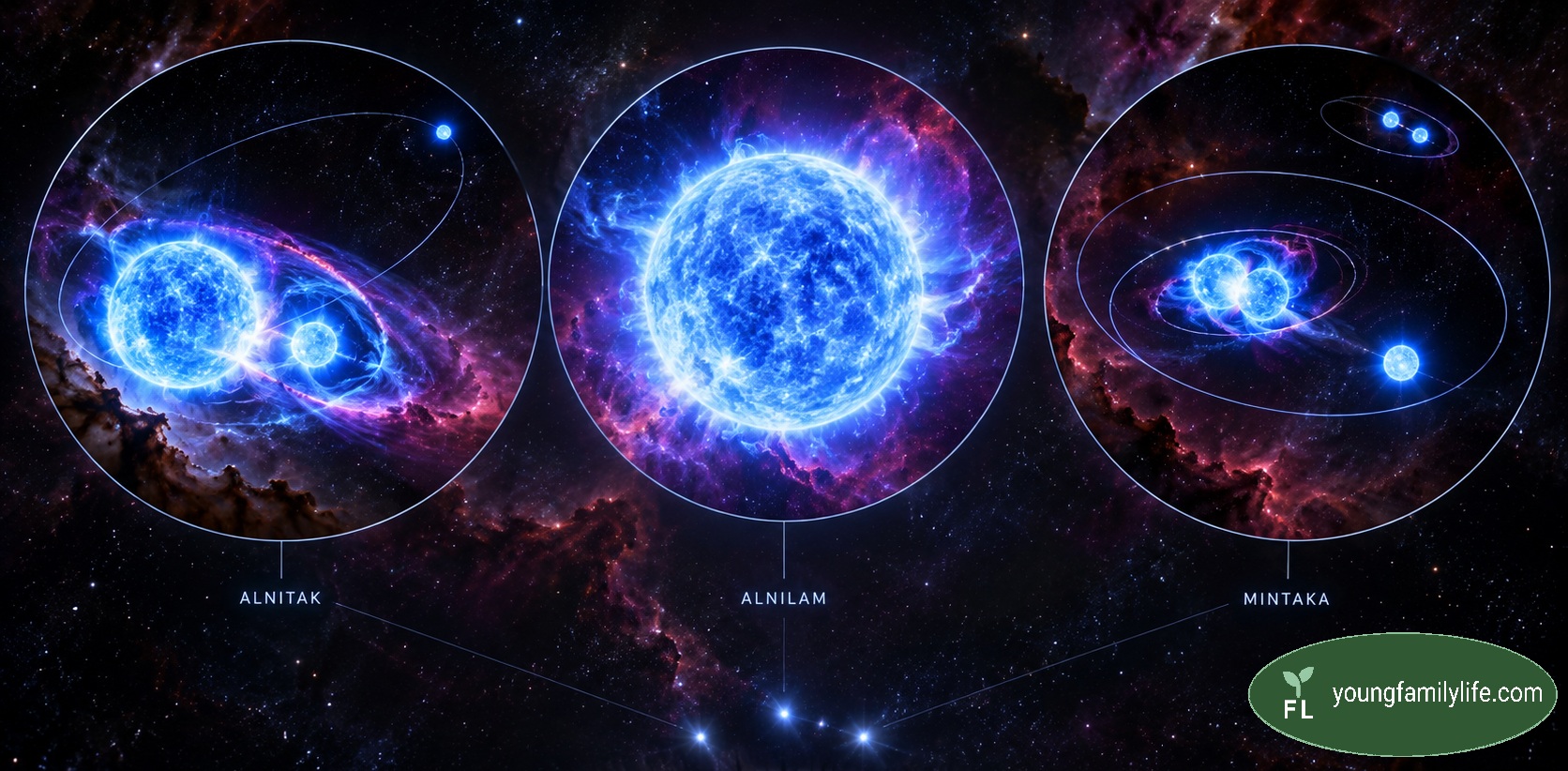 A labelled diagram of Orion's three belt stars — Alnitak, Alnilam, and Mintaka — each shown magnified to reveal what they actually contain: Alnitak as a close pair of stars with a third companion, Alnilam as a single blazing star, and Mintaka as a tight cluster of five stars, with the three points of the belt itself shown as seen from Earth below.