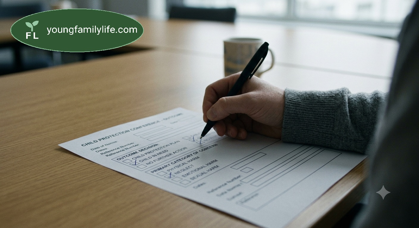 A hand completing a partially-filled child protection conference outcome decision form, showing tick-box sections for the outcome decision and primary category of concern