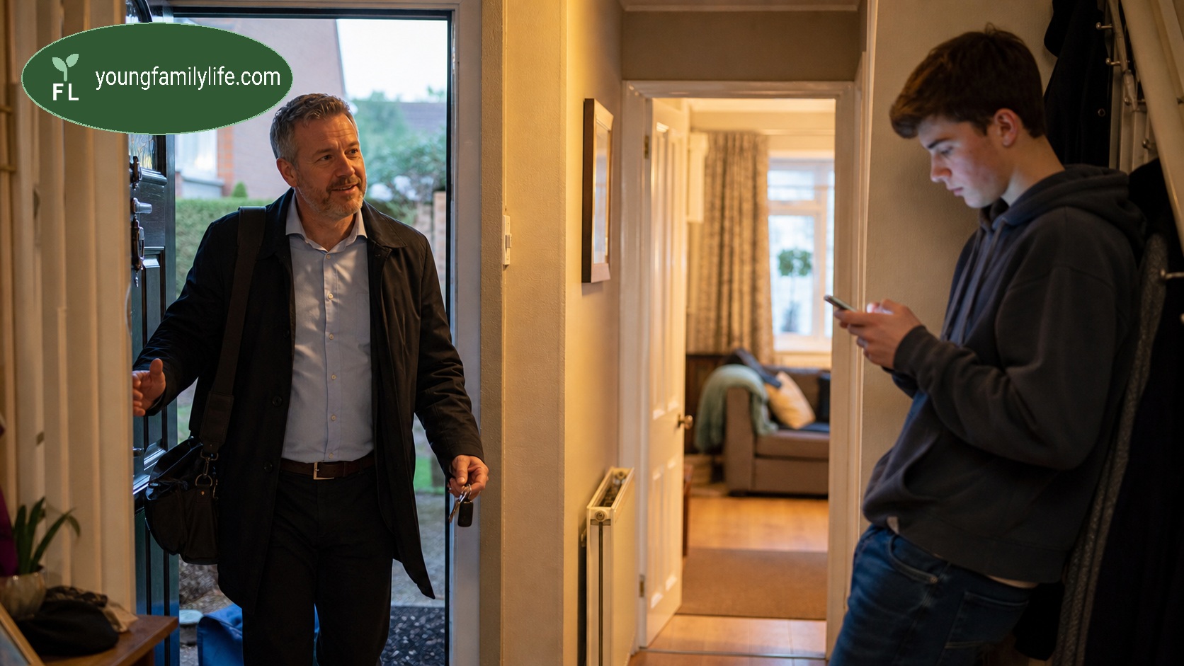 A parent arriving home to a child absorbed in their own activity