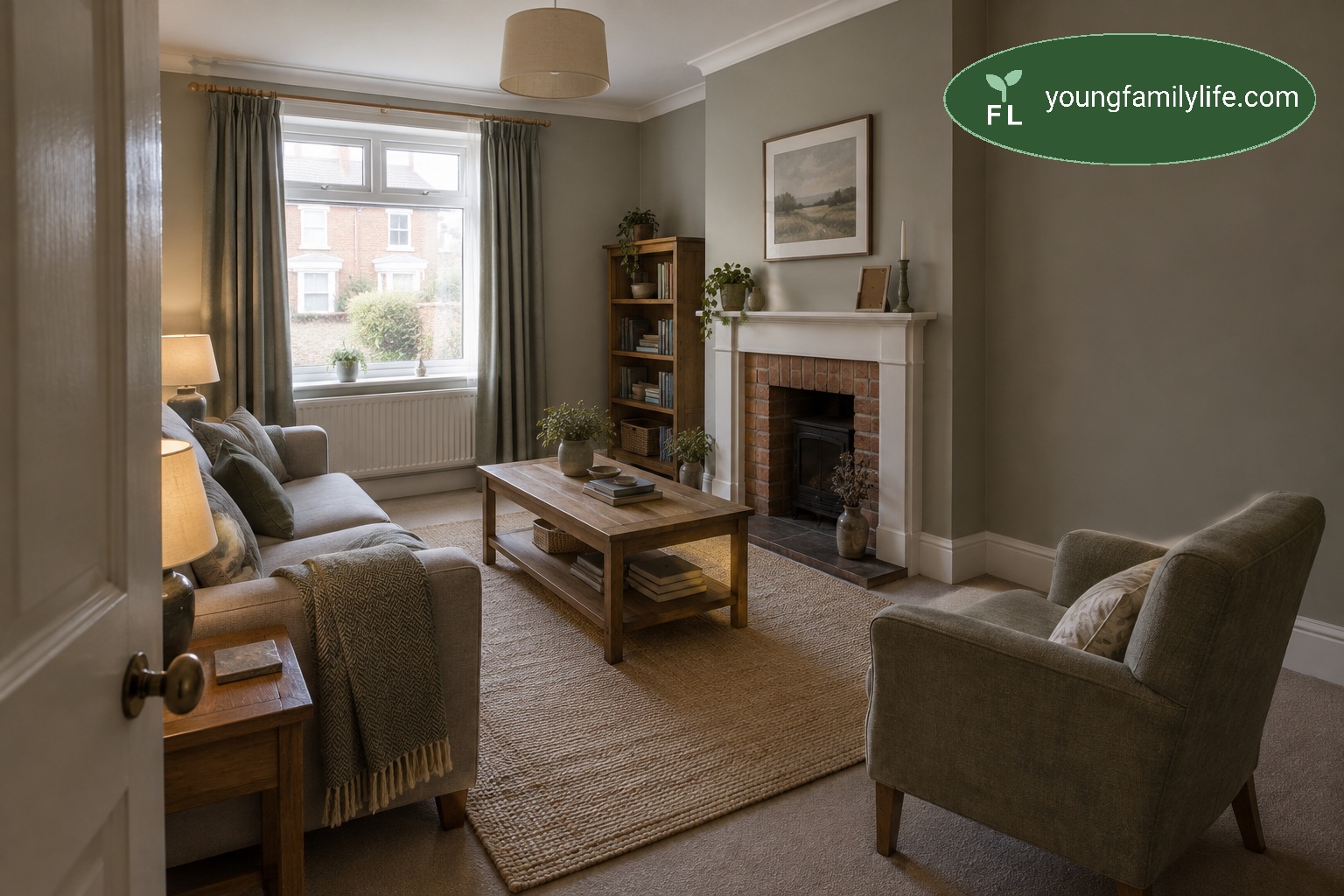 A neat, warmly lit living room seen through a half-open door, arranged and ready for a visit