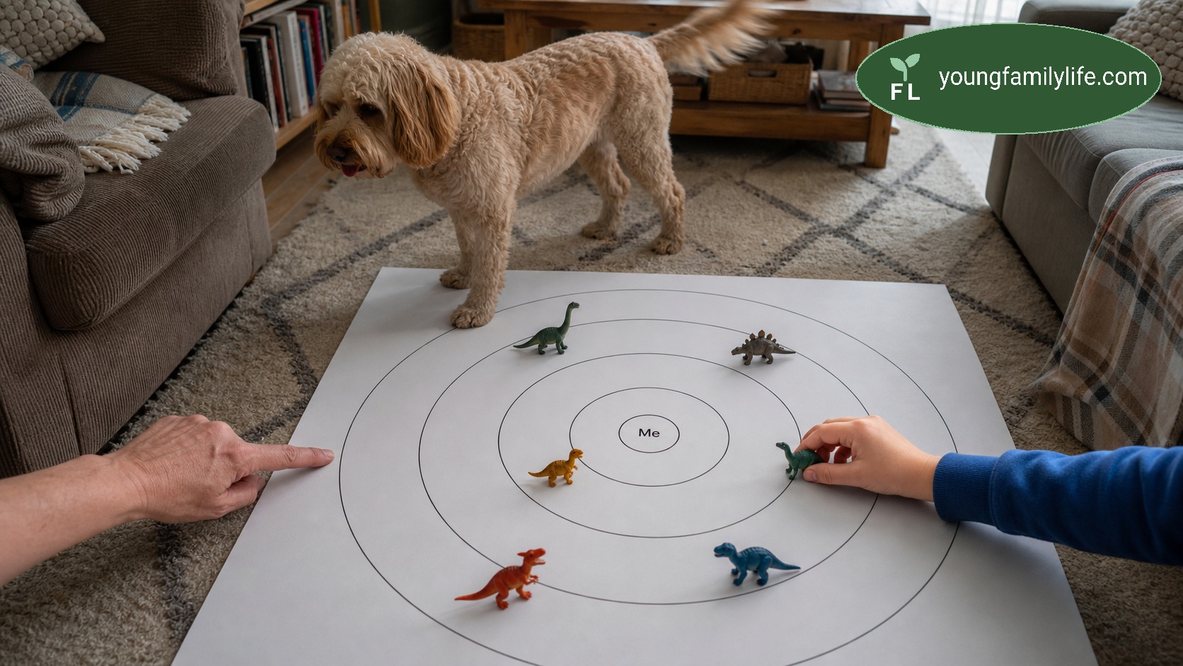 Two people's hands place toy dinosaurs on a large paper ecomap of concentric 'bullseye' circles around a central 'Me' point, with a dog standing at the edge of the diagram.
