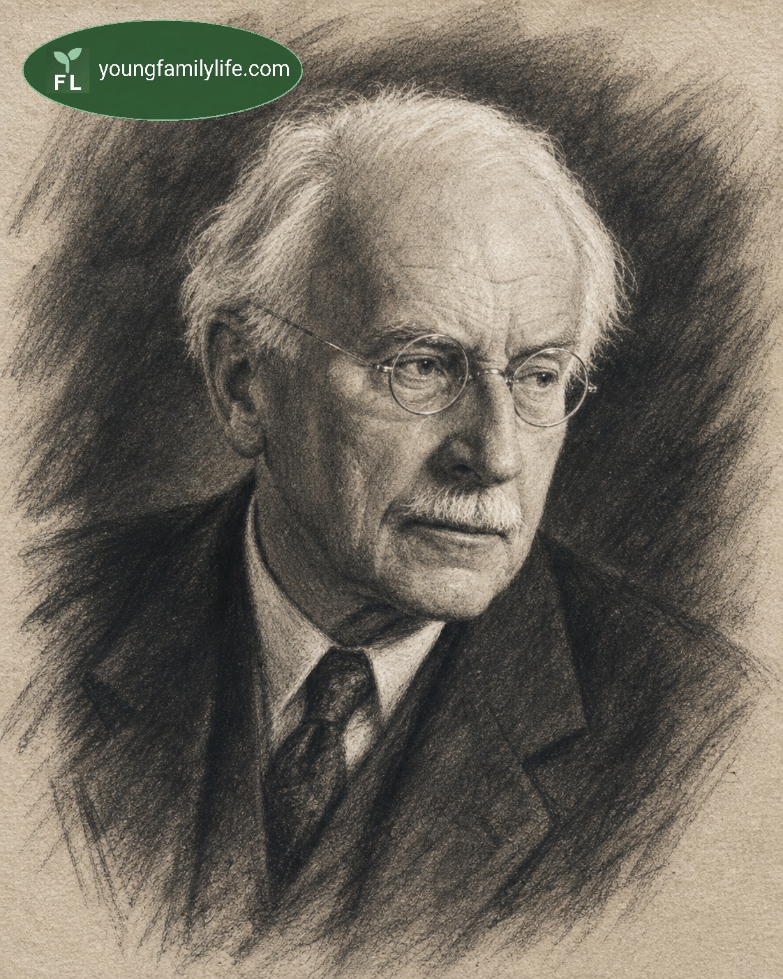 Portrait study evoking Carl Gustav Jung — the founder of analytical psychology and creator of the concepts of the shadow, individuation, and the collective unconscious.