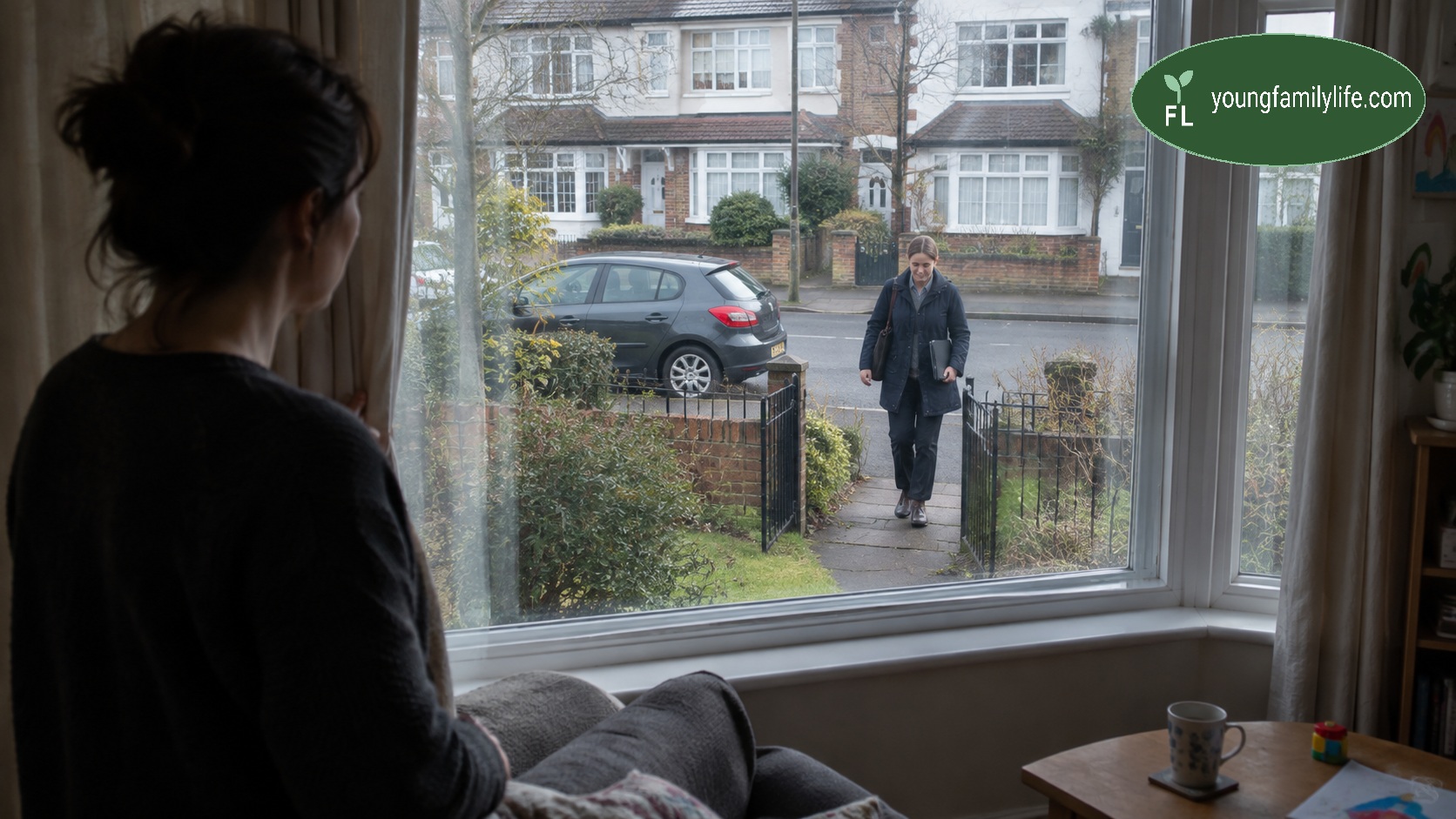 A parent looks anxiously out of a front room window as a visiting professional parks their car and walks up the path to the front door, reflecting that a family's sense of whether things will get better or worse often rests less on a worker's qualification level than on the rapport they build.