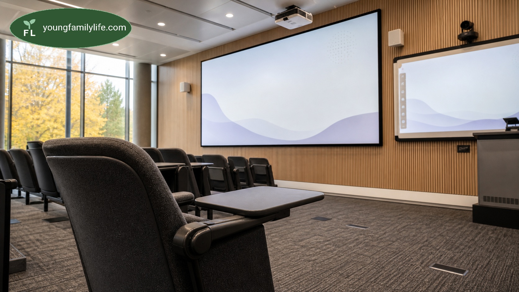 An empty university lecture theatre with tiered seating, projector screens and a lectern, ready for a new class