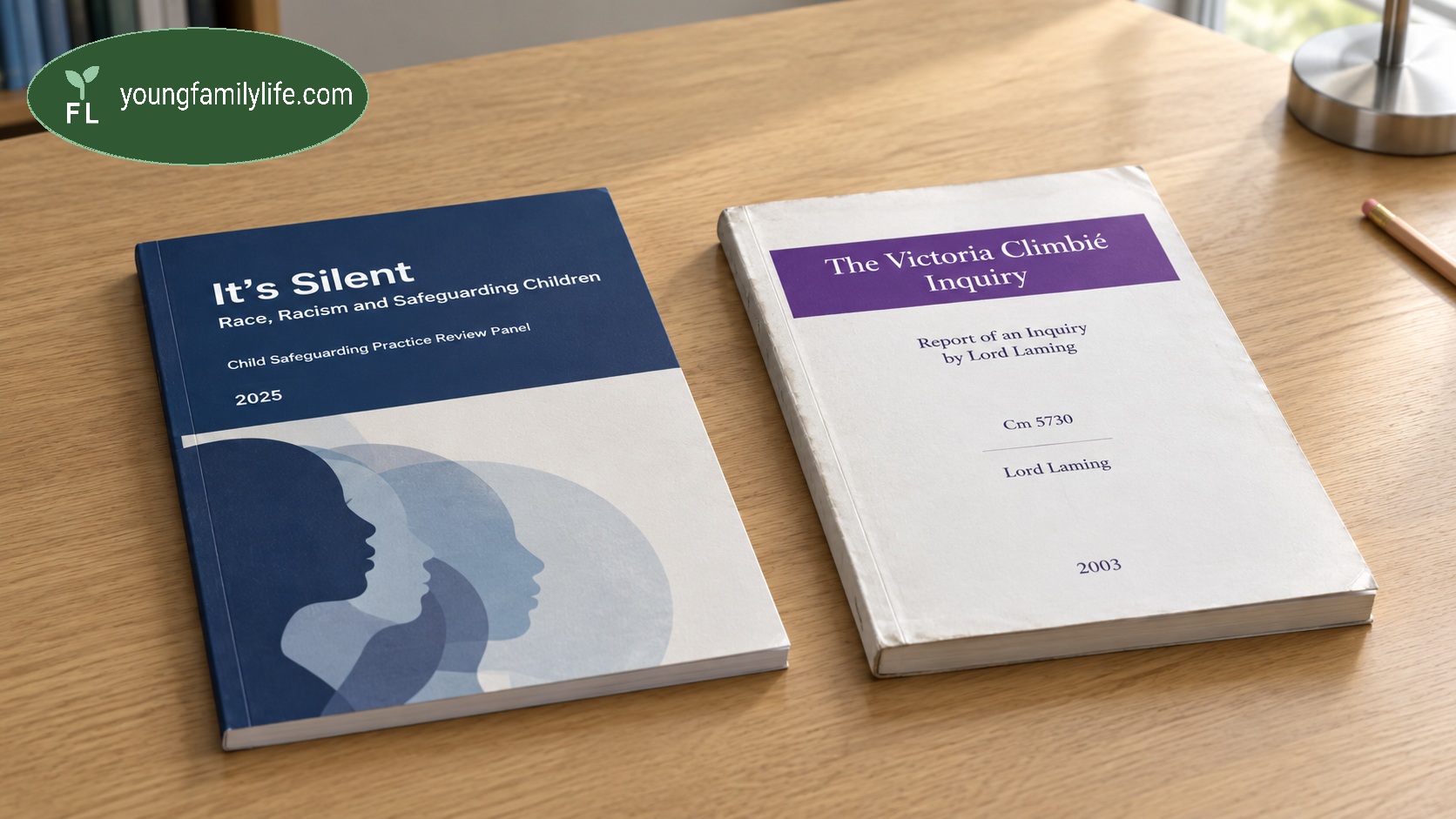 Two official reports side by side on a desk: the 2025 'It's Silent' Panel report and the 2003 Victoria Climbié Inquiry report