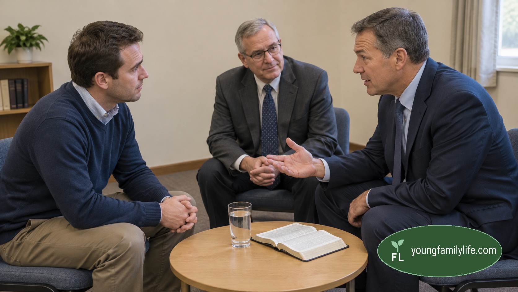 Three men in a meeting room, two in suits, one in casual dress, with an open book on the table between them