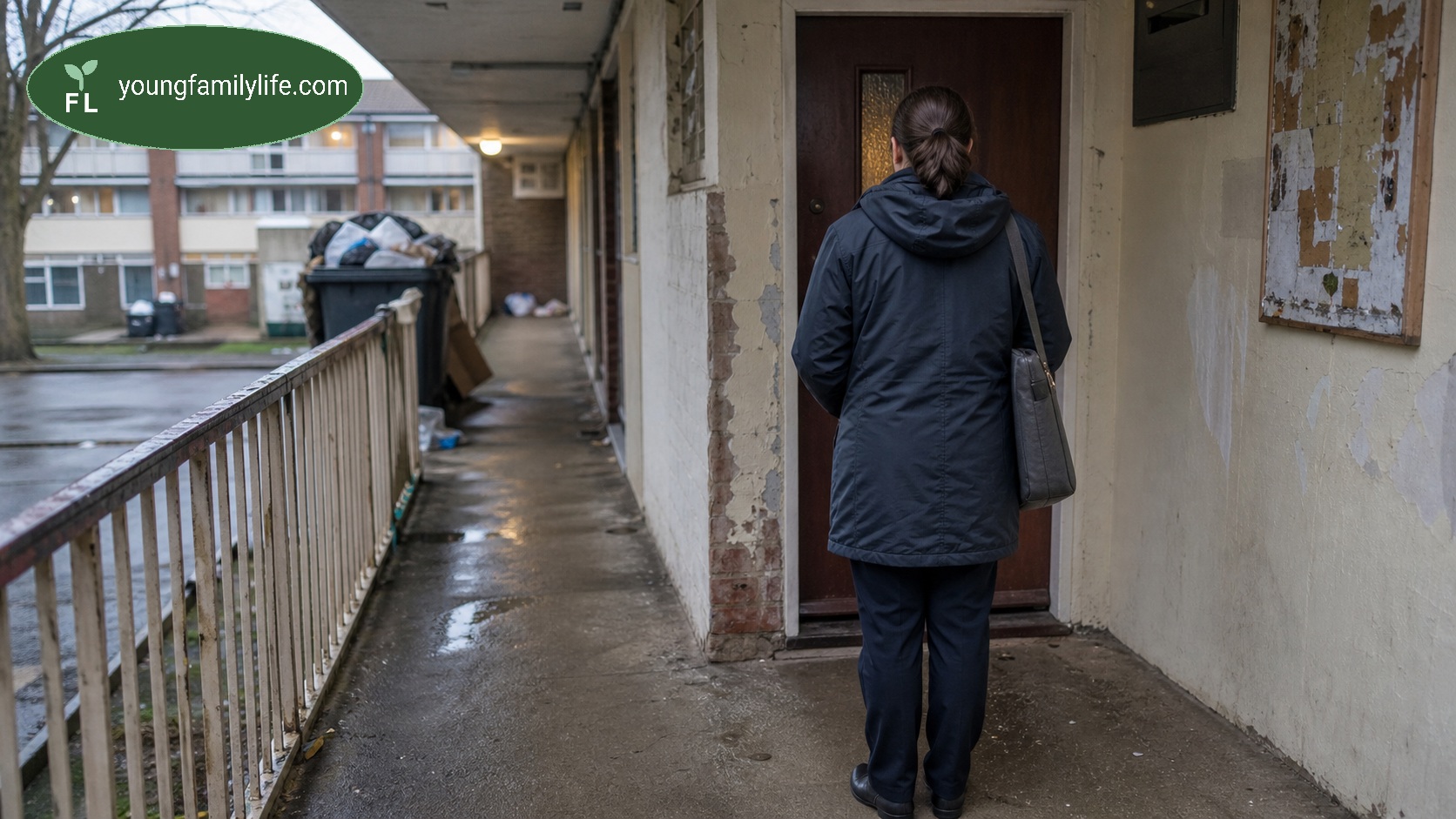 A social worker, seen from behind, standing outside a front door on a run-down residential walkway, about to knock for a home visit.