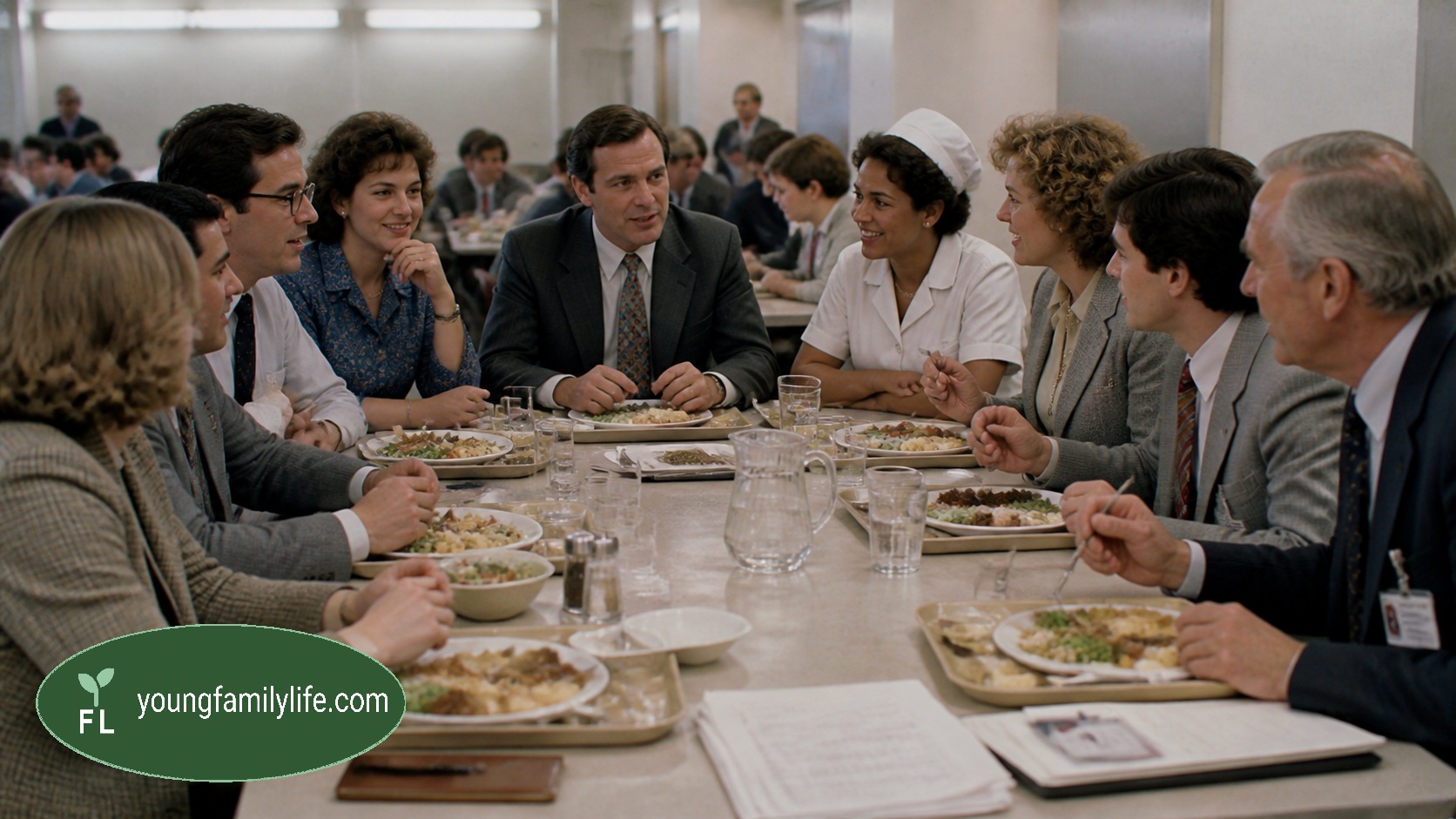 Workers from different roles eating together in a staff canteen