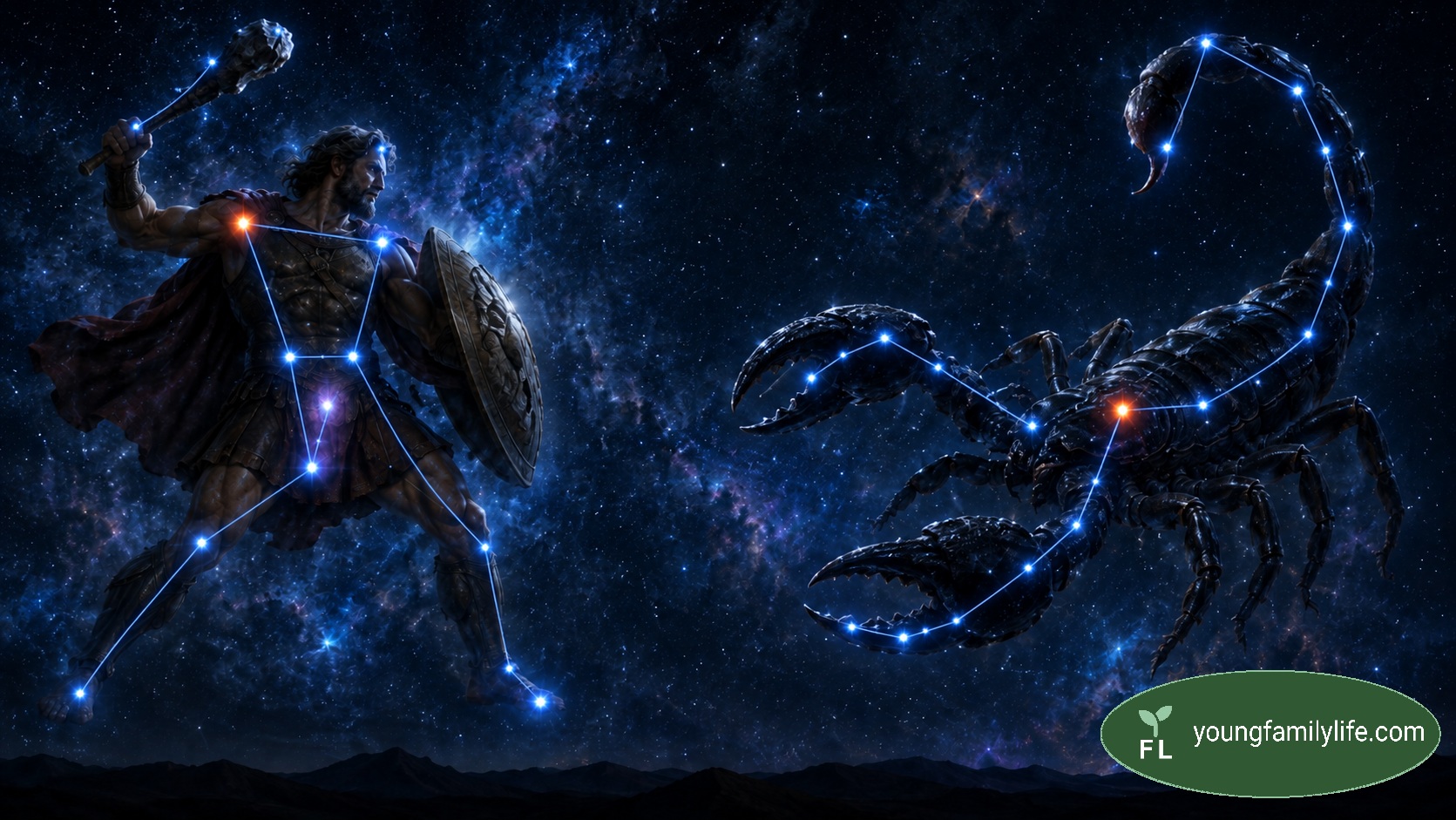 An illustrated rendering of the Orion and Scorpius constellations as the mythological hunter and scorpion, facing each other across the night sky with their star-patterns traced in blue light — visualising the myth that the two can never appear in the sky together.