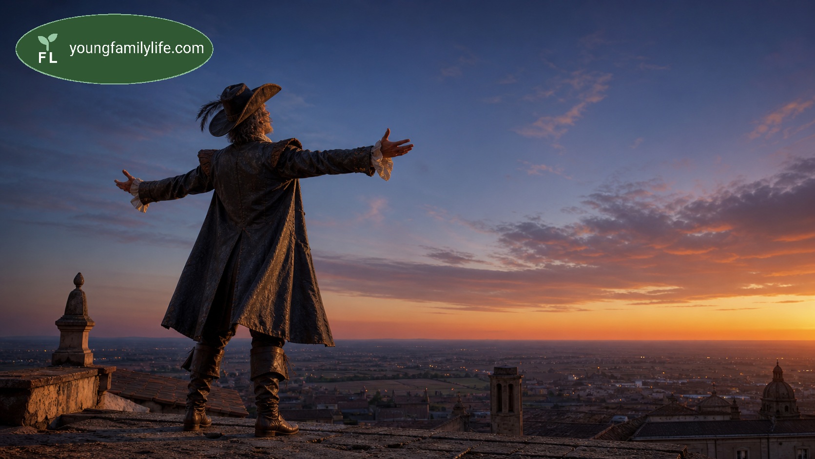 A lone figure stands on a rooftop at dusk, arms spread wide in a grand gesture, overlooking a vast landscape below