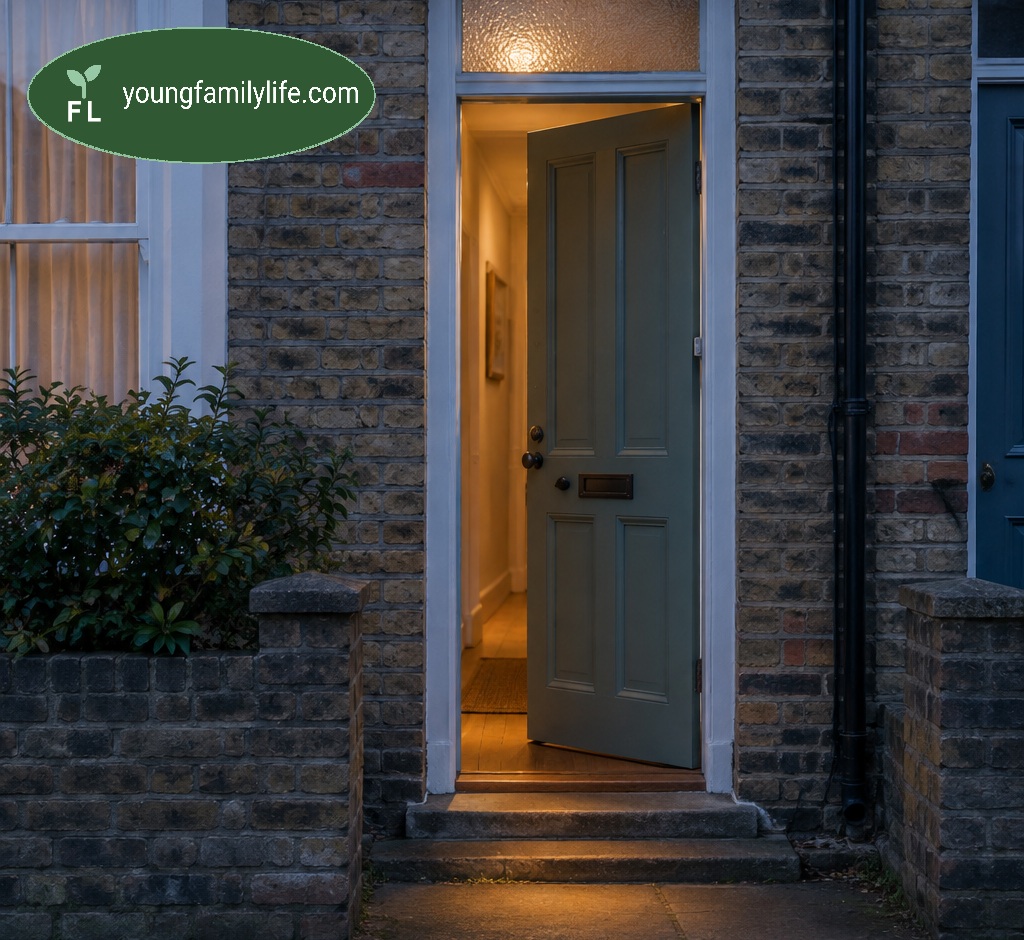 A terraced house's front door standing open at dusk, warm light spilling onto the step