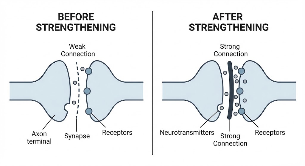Neural pathway showing synapse strengthening between neurons