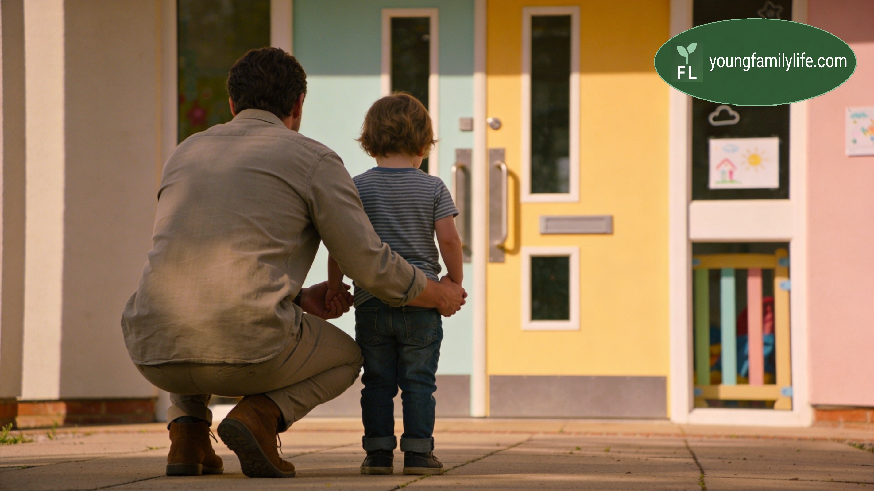 Young child clinging to parent's leg at nursery entrance while a nursery worker waits nearby.