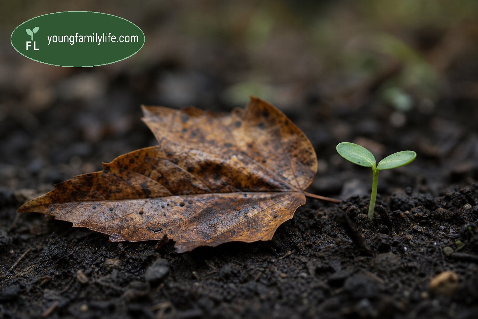 A decomposing leaf on soil next to a new green seedling emerging from the ground.