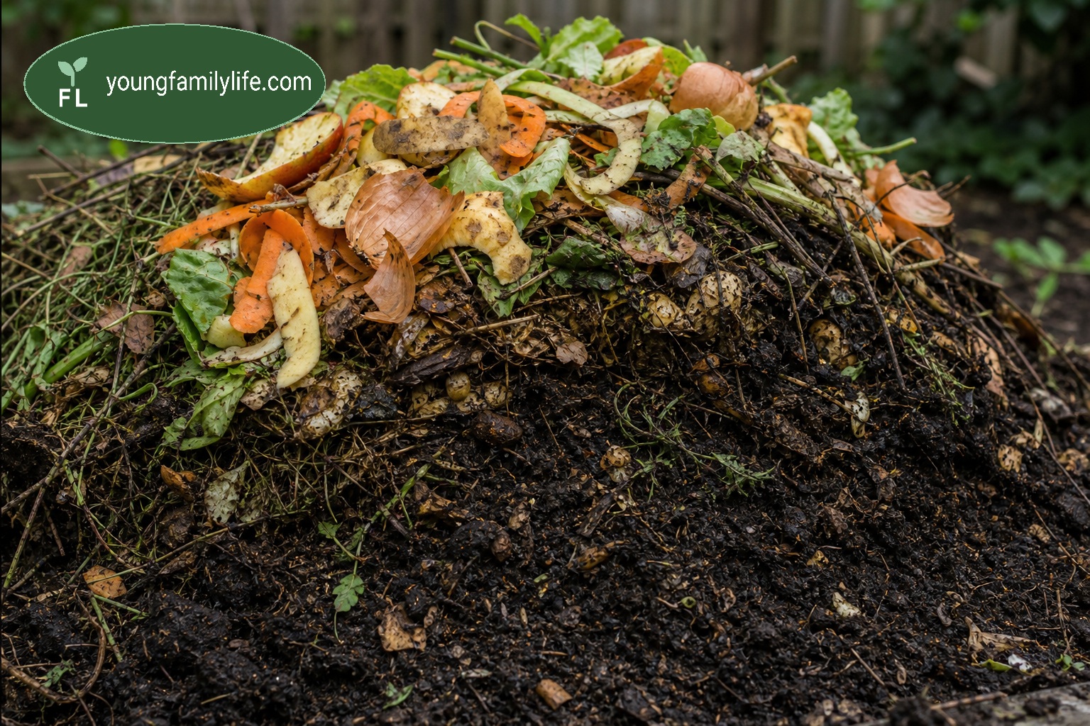 A garden compost heap showing kitchen scraps and leaves breaking down into dark, rich compost.