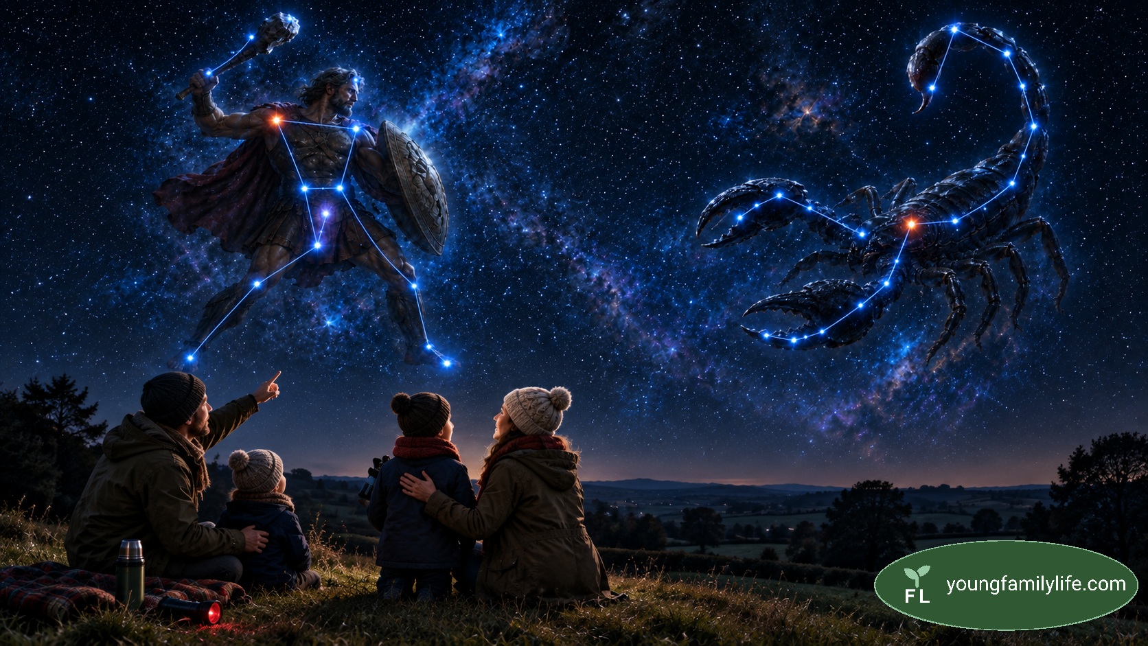 A family sits on a hillside at dusk with a torch and flask, looking up as a parent points out the illustrated figures of Orion the hunter and the scorpion Scorpius traced in blue light across the starry sky above them.