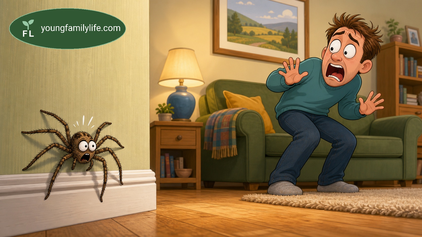 A cartoon illustration of a man recoiling in fright from a large spider on a skirting board in his living room, with the spider itself also looking startled.