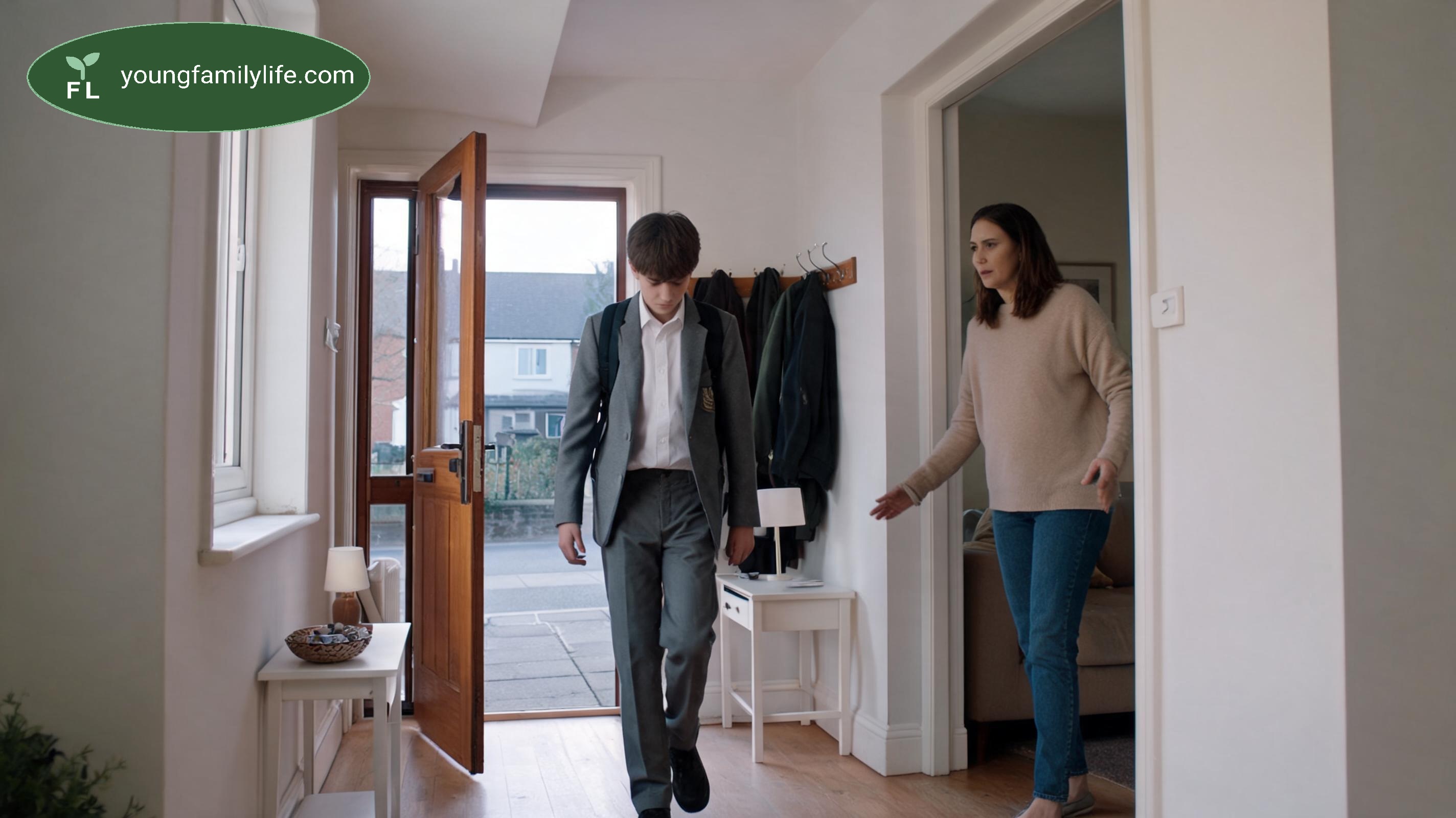 A child coming through the front door after school, looking flat and withdrawn