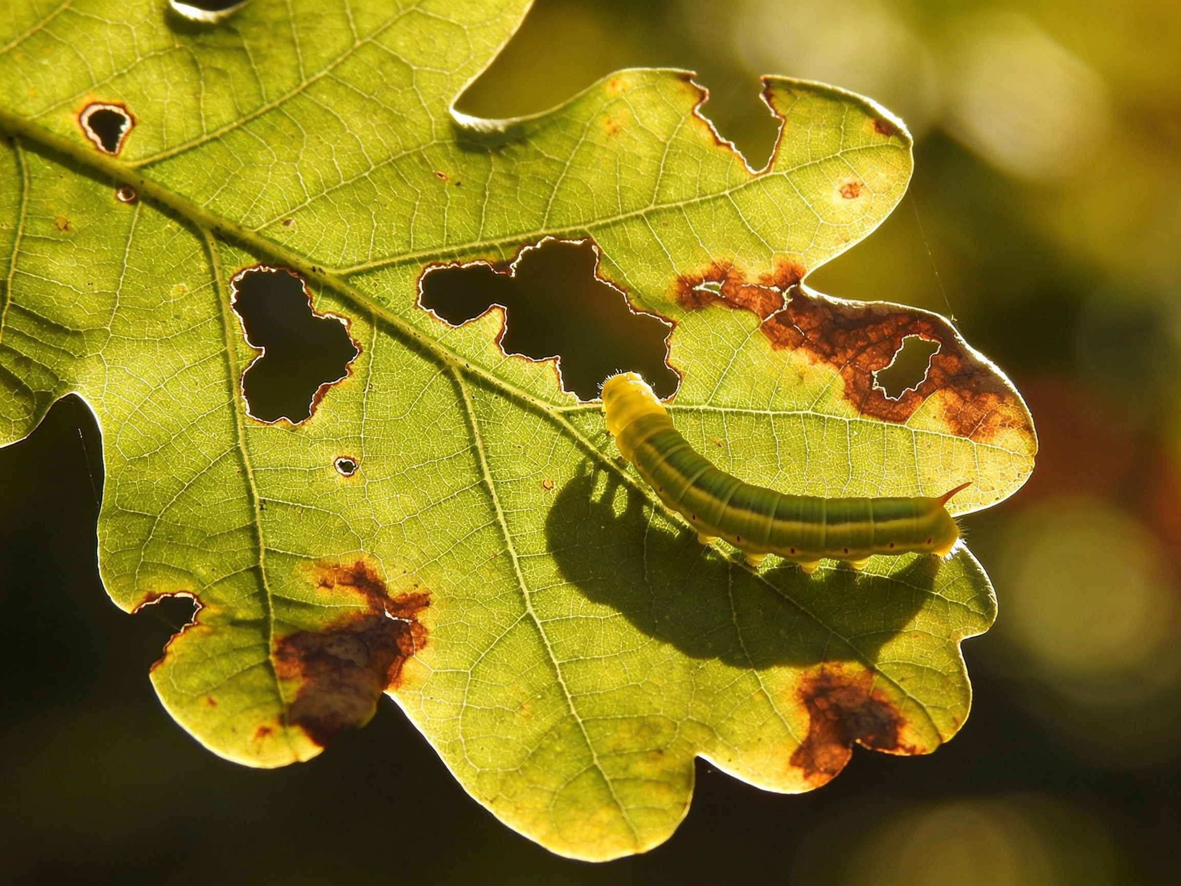 Oak leaf showing damage from caterpillar feeding triggering chemical defence