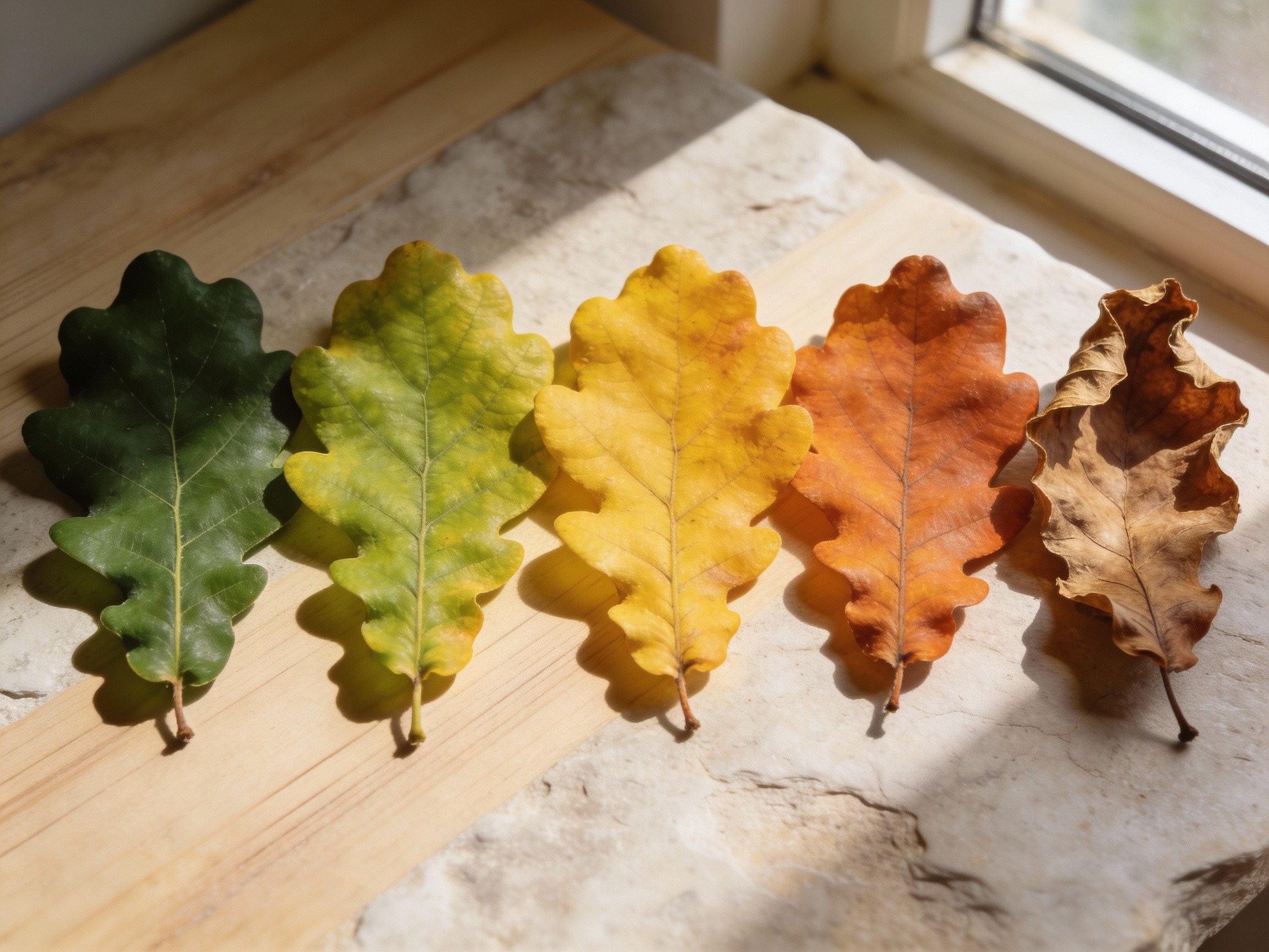 Oak leaves in autumn showing various stages of colour change from green to yellow and orange