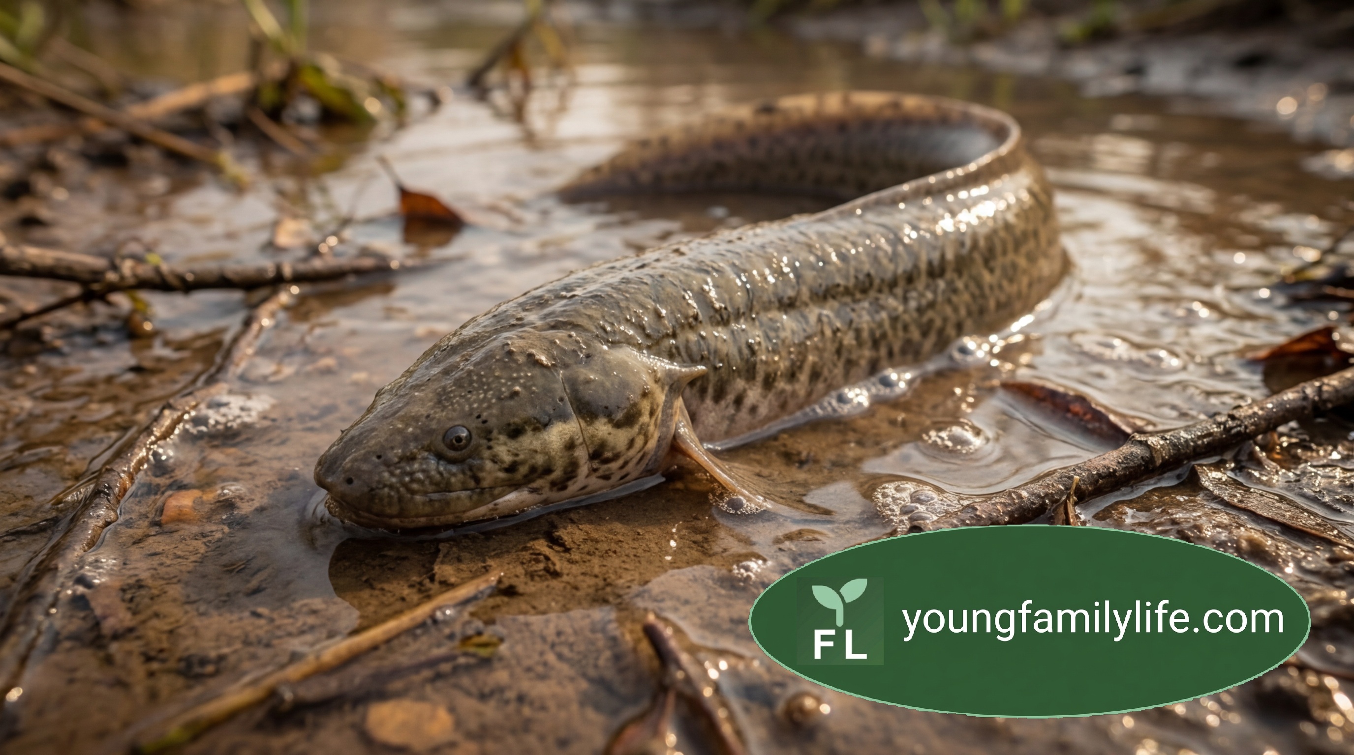 An African lungfish resting in dried riverbed mud — capable of surviving without water for up to four years.