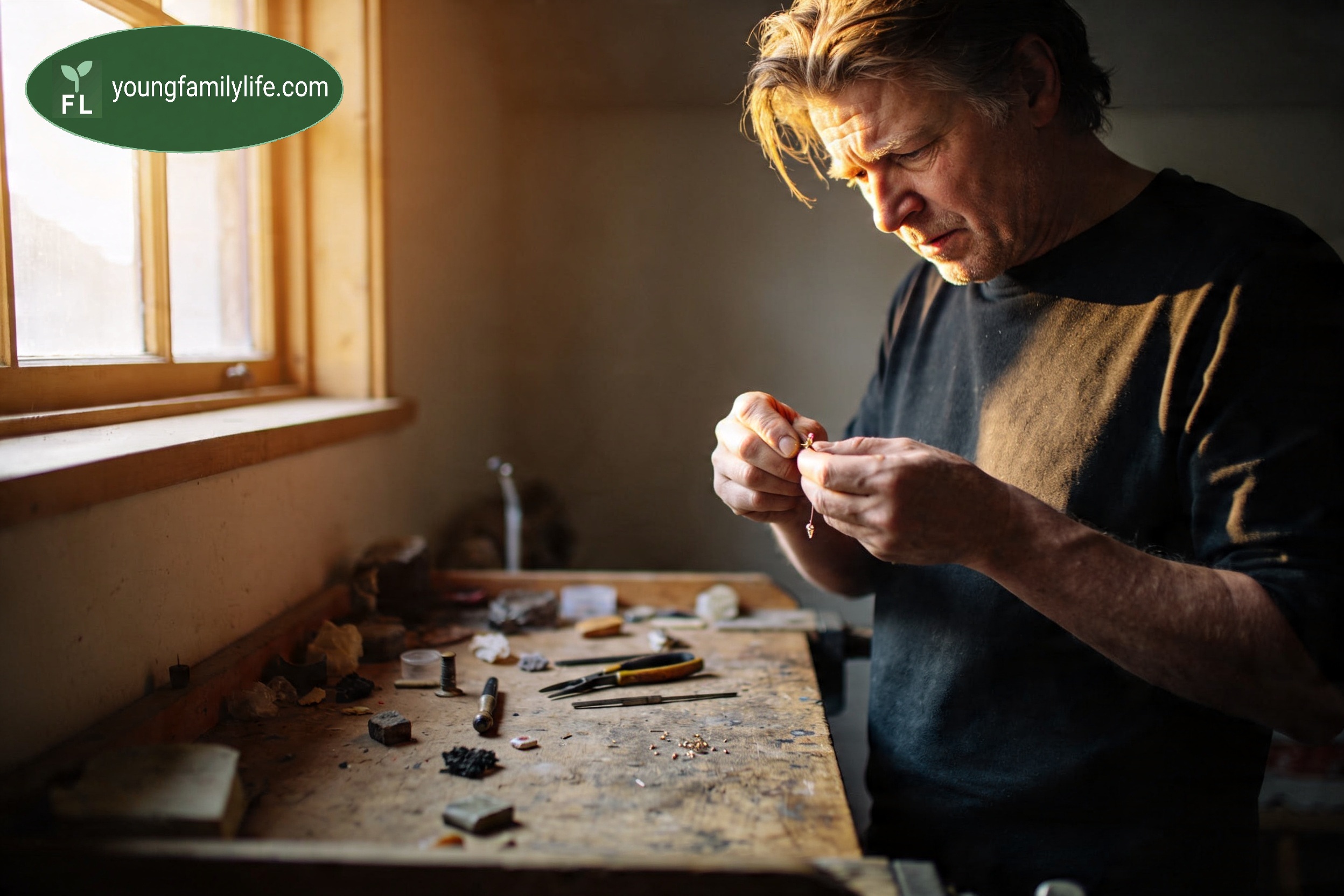 A person deeply absorbed in examining something in their collection, expression focused and content.
