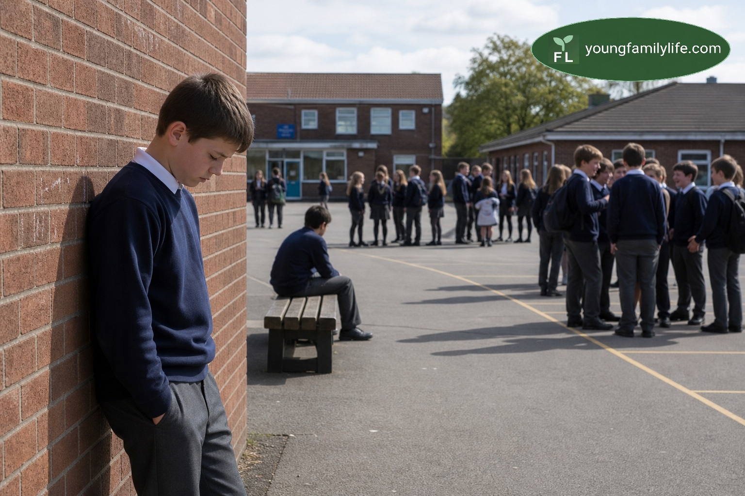 A child standing alone in a school playground at lunchtime, with other children socialising in friendship groups in the background.