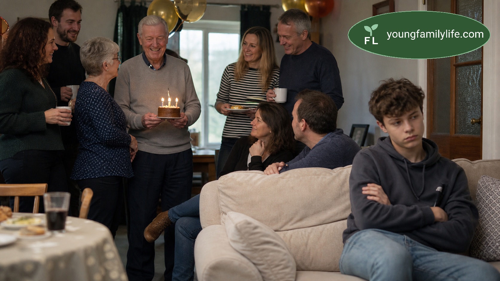 A teenager on their phone at a family gathering, visibly disengaged from the adults around them