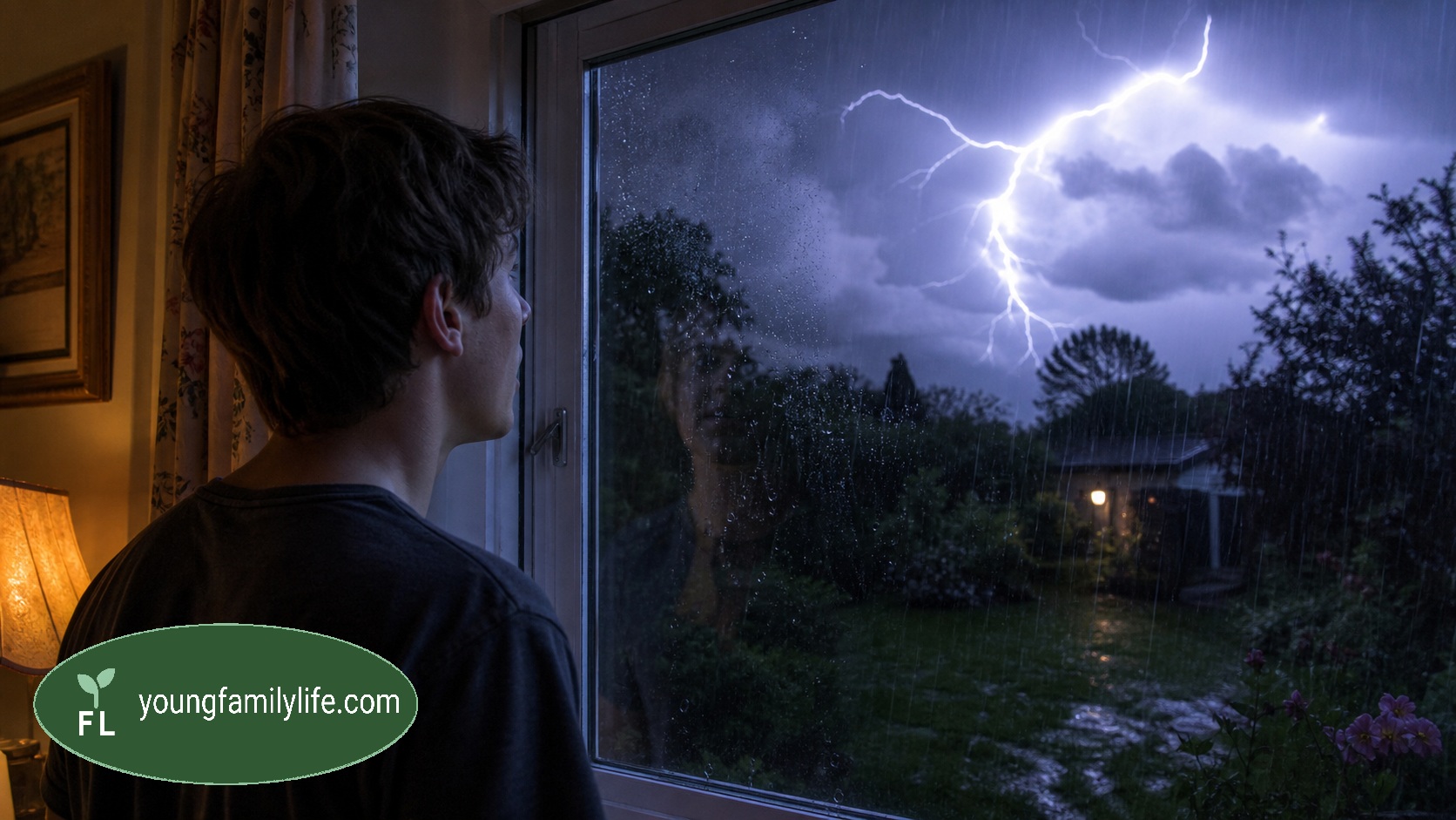 Silhouette of a person standing at a window during a thunderstorm, lit by a flash of lightning