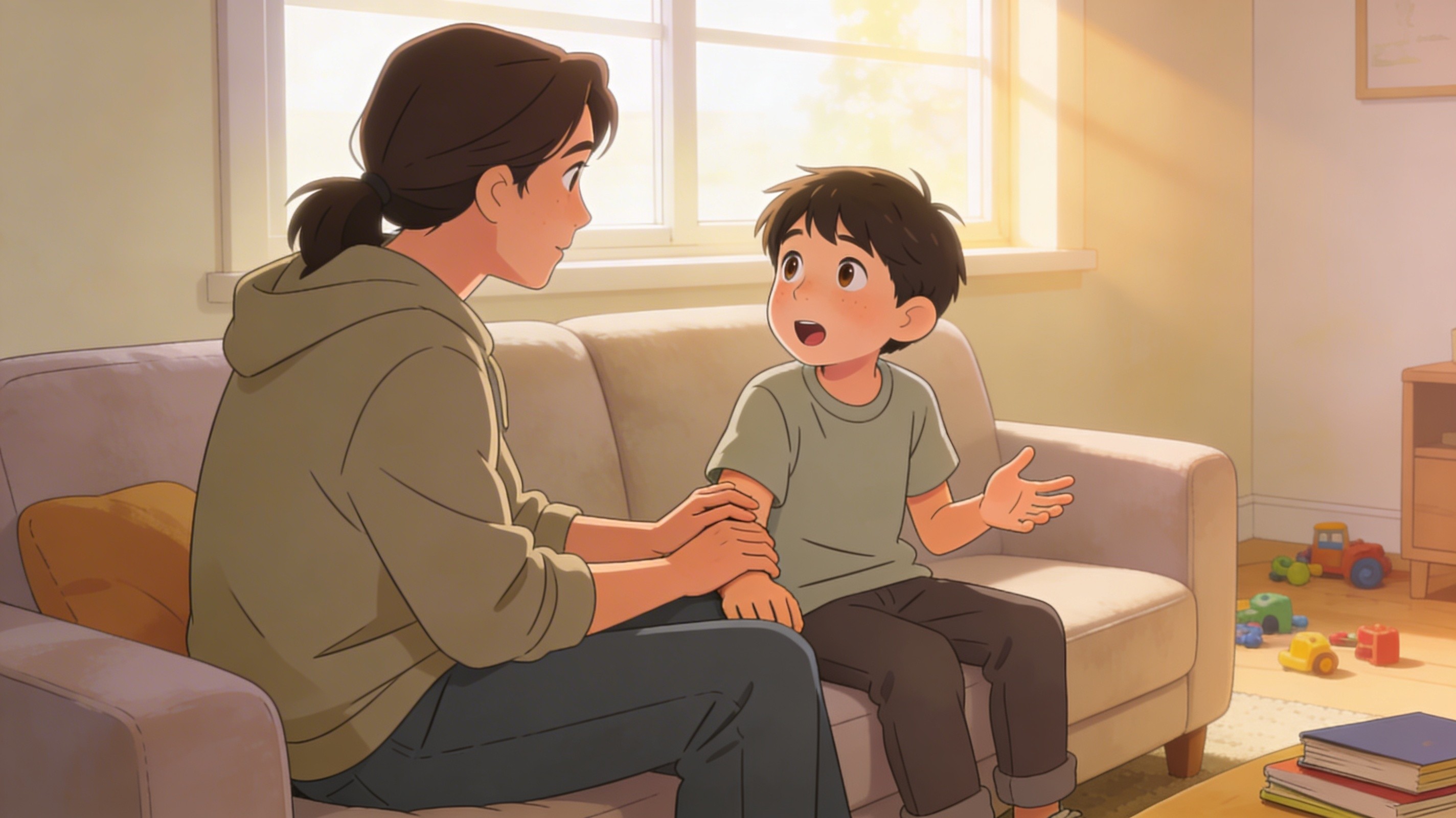 A parent and child in a moment of genuine connection — a warm, attentive interaction that reflects emotional responsiveness